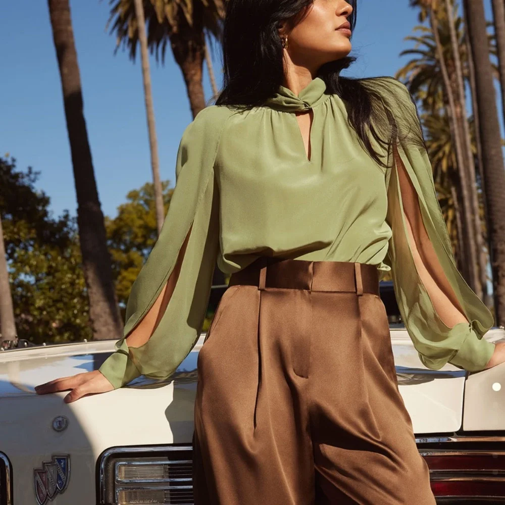 LilySilk Side Slit Lantern Sleeve Silk Blouse in Pistachio - Picture 6 of 9